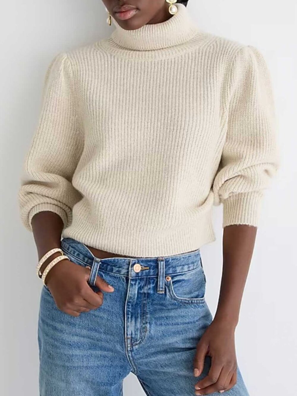J. Crew Cropped Puff-Sleeve Turtleneck Sweater Medium